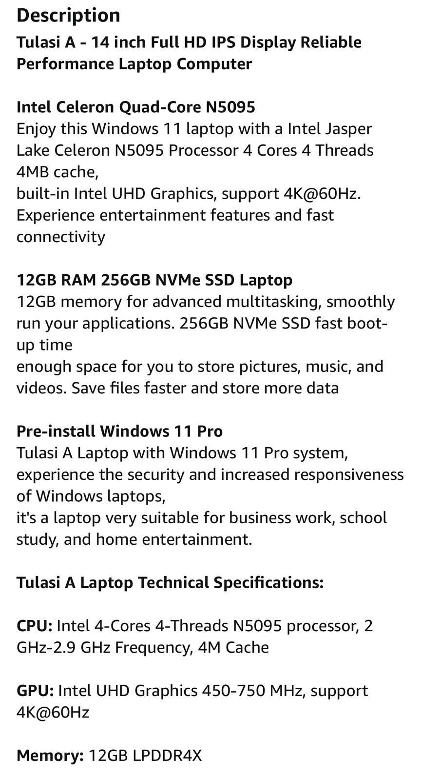 Tulasi Laptop 12GB LPDDR4X RAM 256GB 14” 1080P WIN11 SSD Laptop (READ!)FFF62