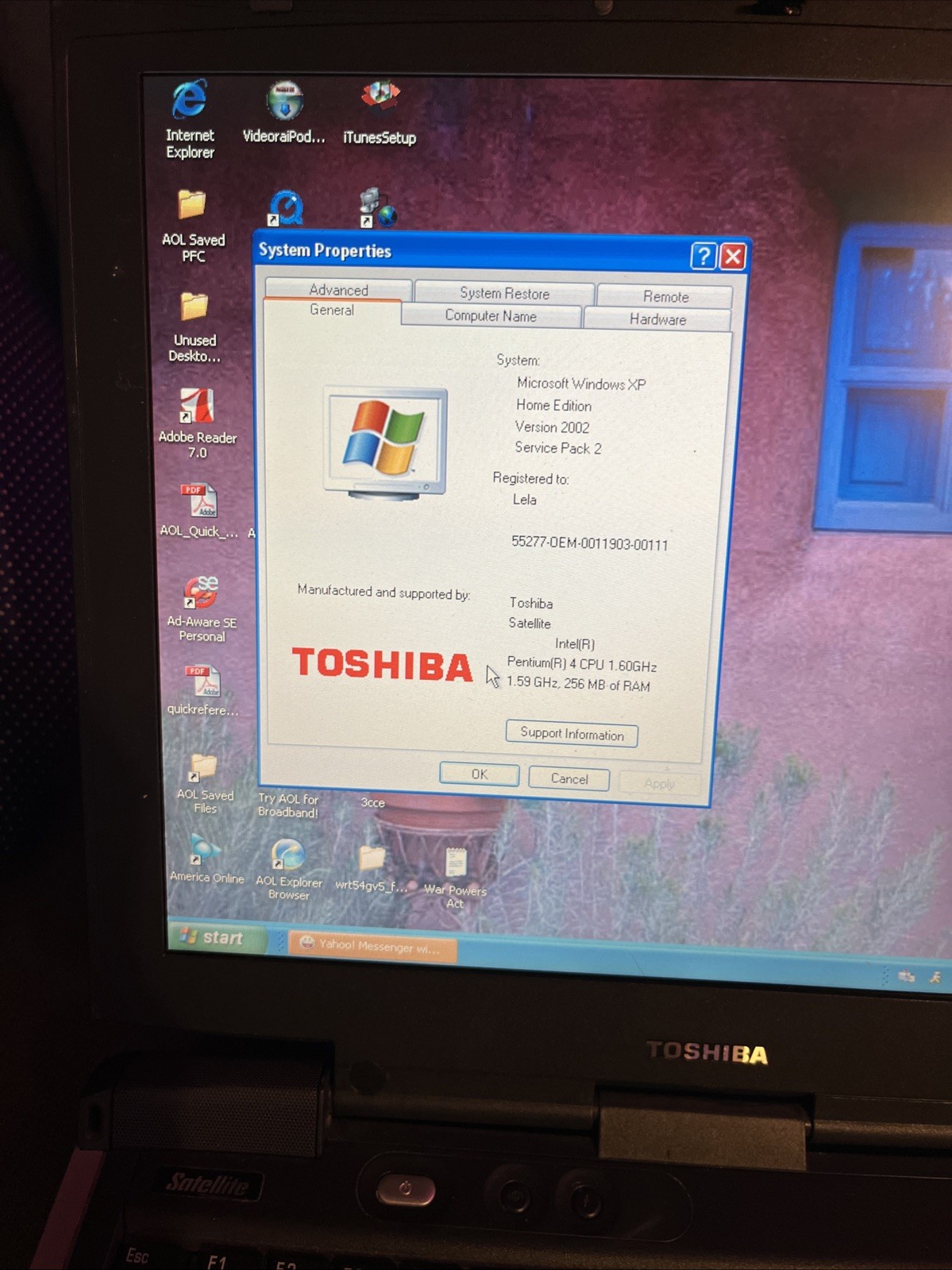 Vintage Laptop Toshiba Satellite 2405 Windows XP, Pentium 4, 256MB RAM, WORKS