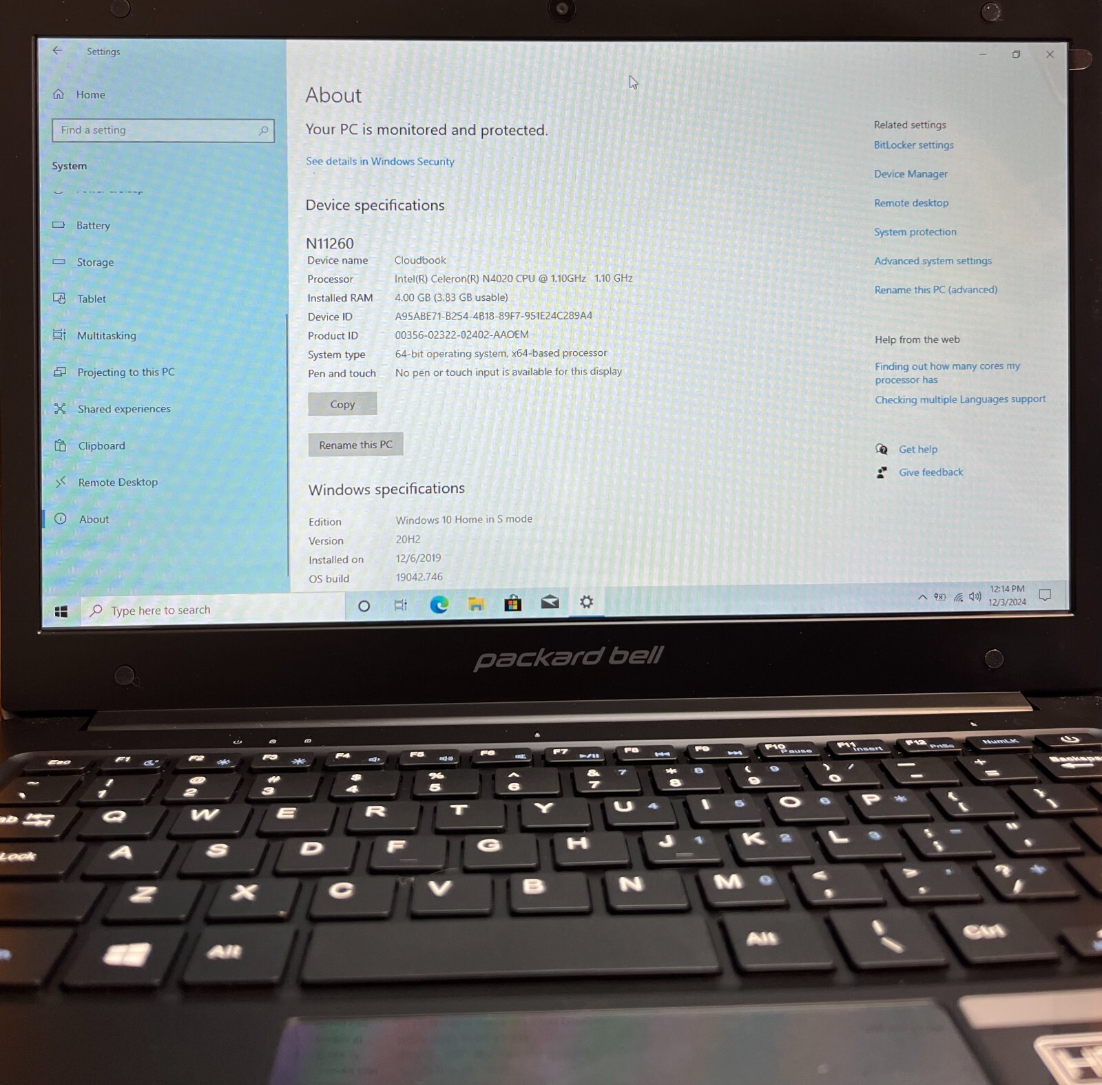 Packard Bell N11260 cloudBook Laptop 11.6″ 64GB 1.10GHz 4GB RAM No Battery
