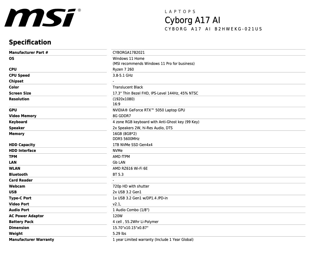 MSI Cyborg 17.3″ Gaming Laptop – RTX 5050 (8GB GDDR7) – Ryzen 7 – 16GB RAM – 1TB