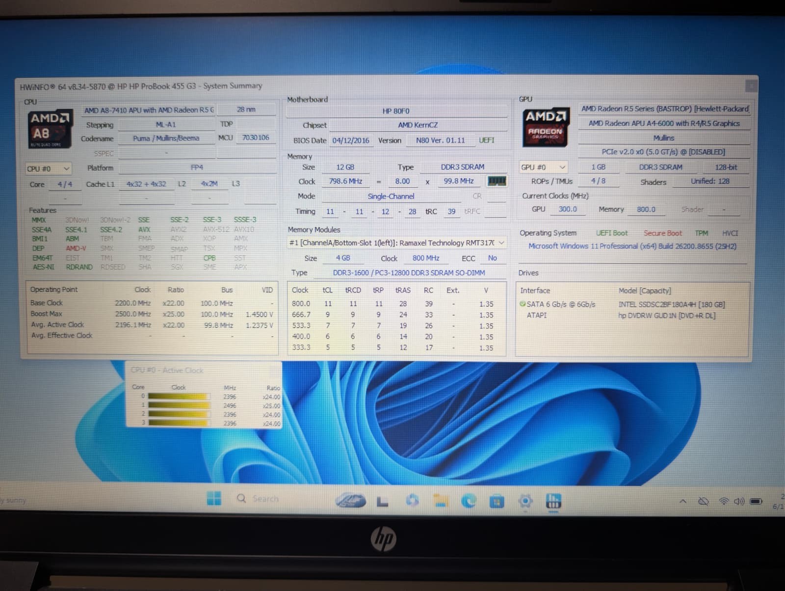 15″ HP PROBOOK 455 G3 | AMD A8-7410 12GB RAM 180GB SSD | HD Windows 11 Pro | DVD