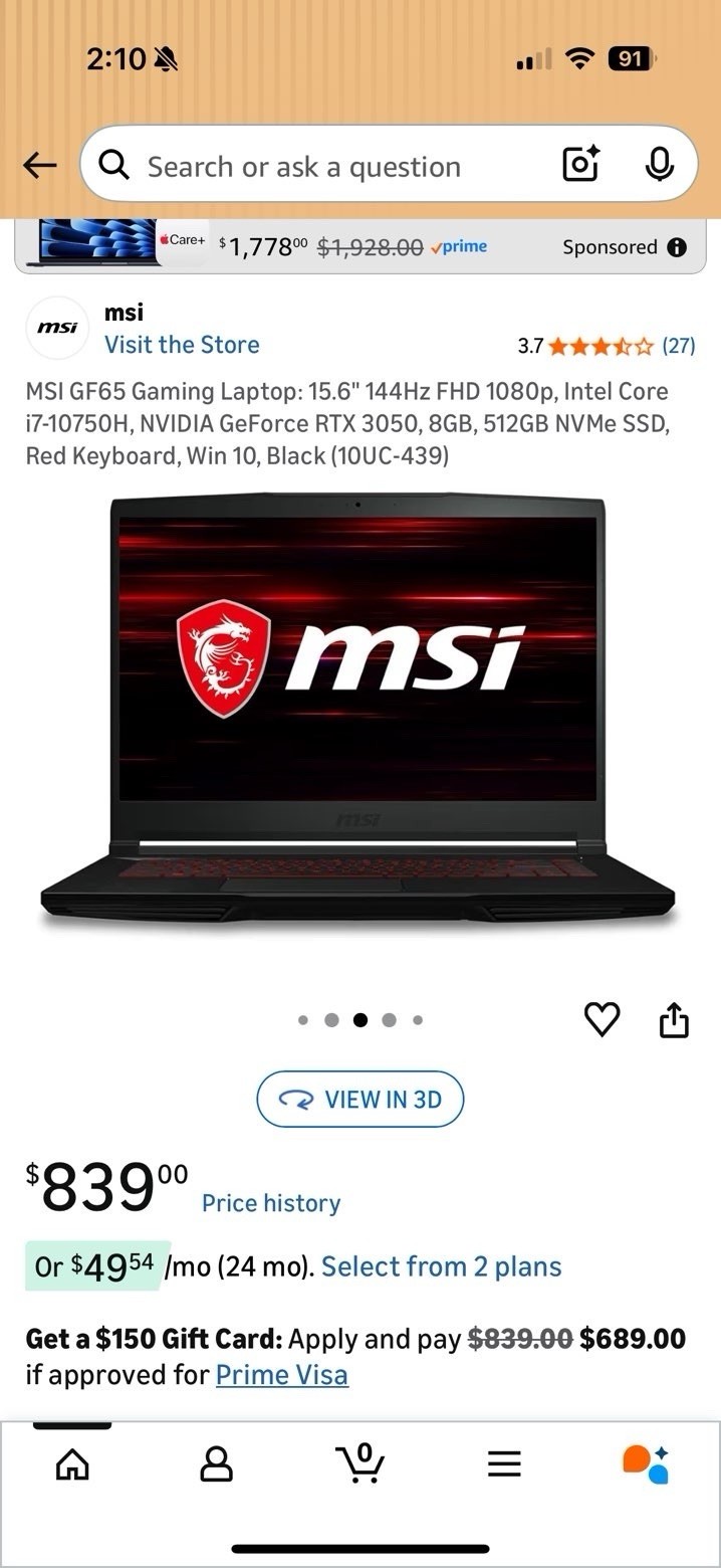 MSI GF65 Thin 10UE 15.6″ Gaming Laptop i5 RTX 3060 8GB 512GB SSD Black