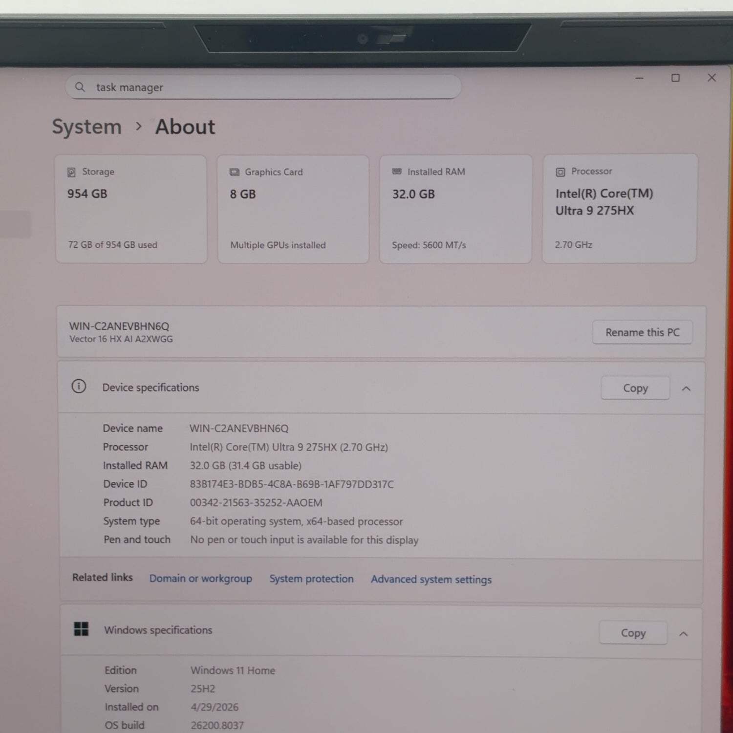 MSI Vector 16 HX AI A2XWGG 16″ Core Ultra 9 275HX 2.7GHz 32GB RAM 1TB SSD