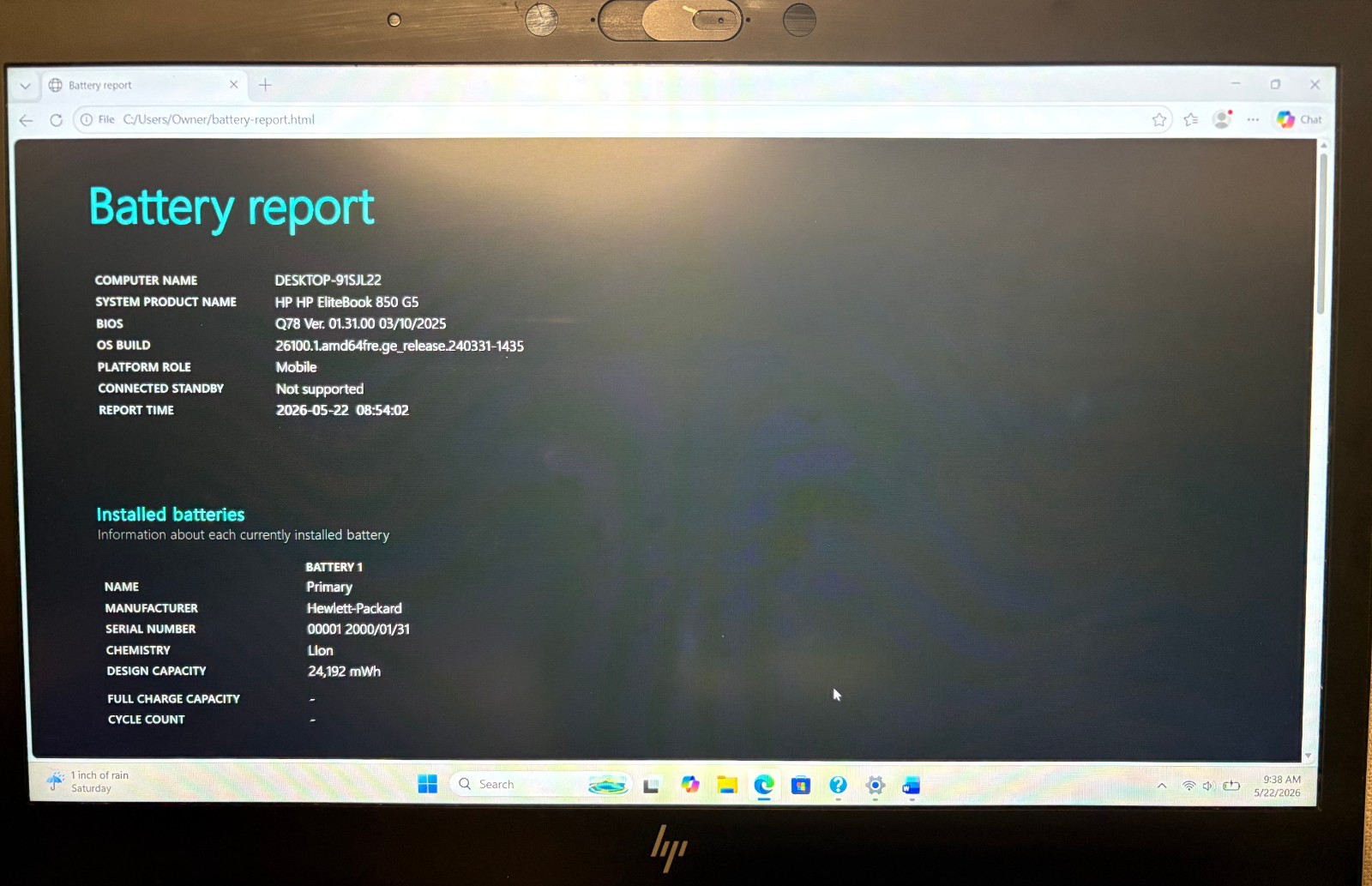 HP Elitebook 850 G5 15.6″ 1.6GHz i5-8250U 256GB SSD 8GB RAM Win 11 Pro ; 6181258