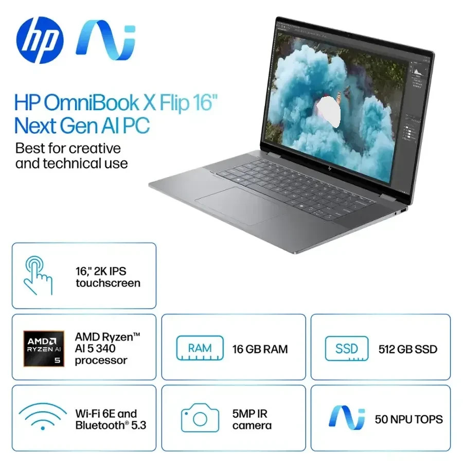 HP OmniBook X Flip 2-in-1 16″ 2K Touchscreen Laptop AMD Ryzen 5 340 16GB 8TB SSD