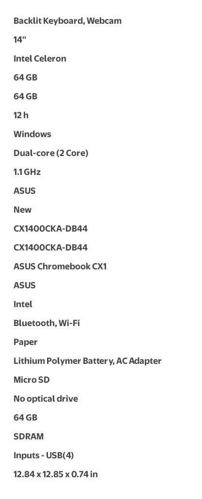 ASUS Chromebook CX1, 14″ FHD | Intel® Celeron N4500 Processor | 64GB | 4GB RAM