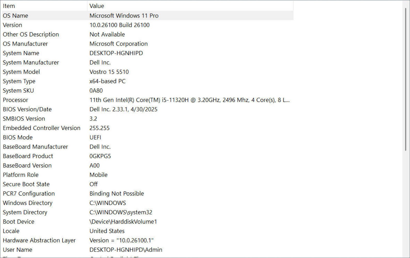 Dell Laptop – Vostro 15 5510 – i5-11320H 16GB 256GB SSD 15.6 FHD W11P