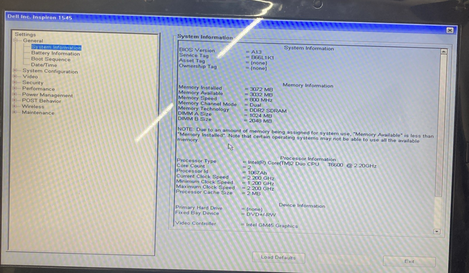 Dell Inspiron 1545 Intel Core 2 Duo T6600 @ 2.2 GHz 3GB no HDD Boot to BIOS