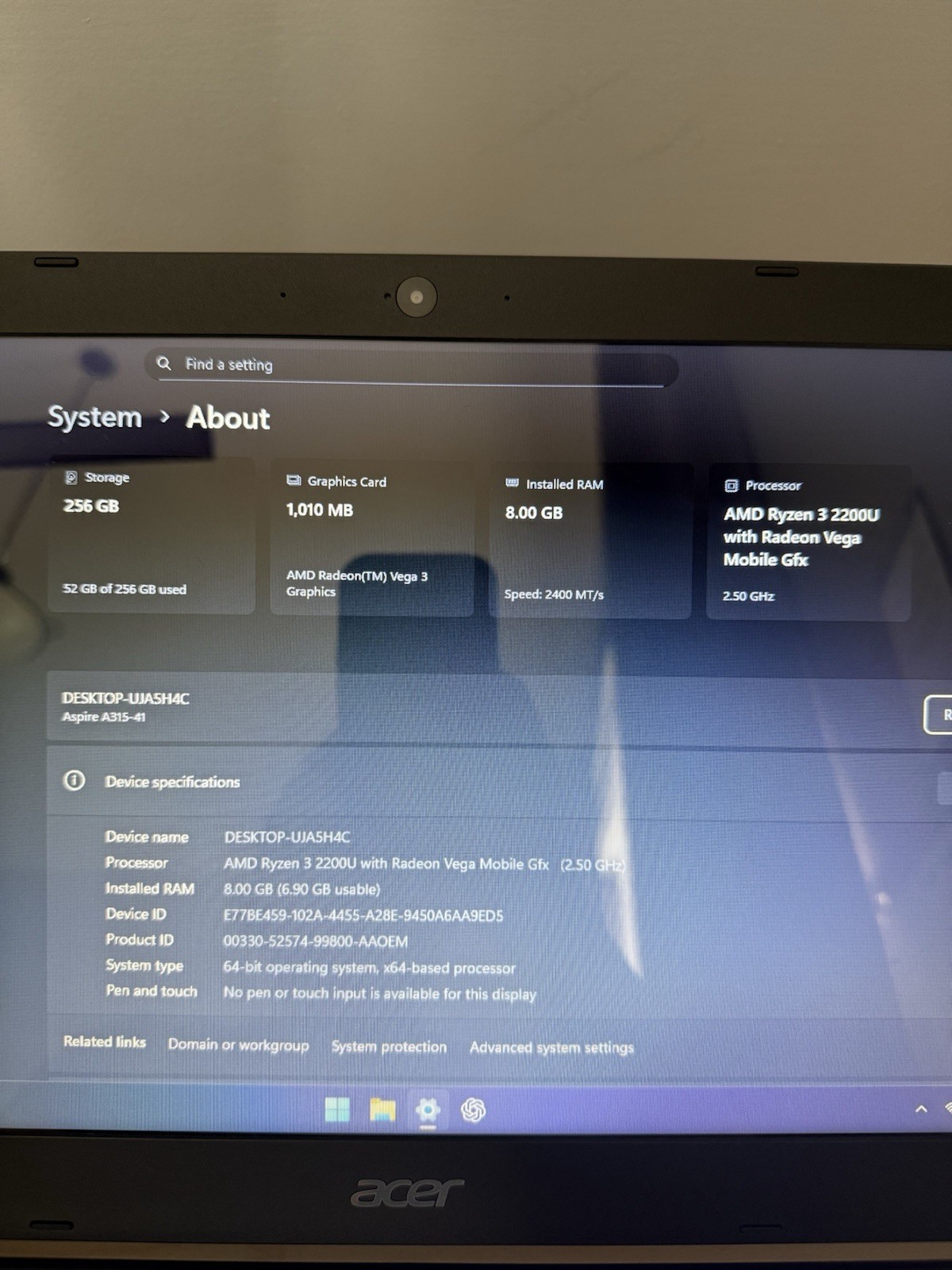 Acer Aspire A315-41 Laptop Ryzen 3 2200U 8GB RAM (NO SSD OR HDD)!!!!