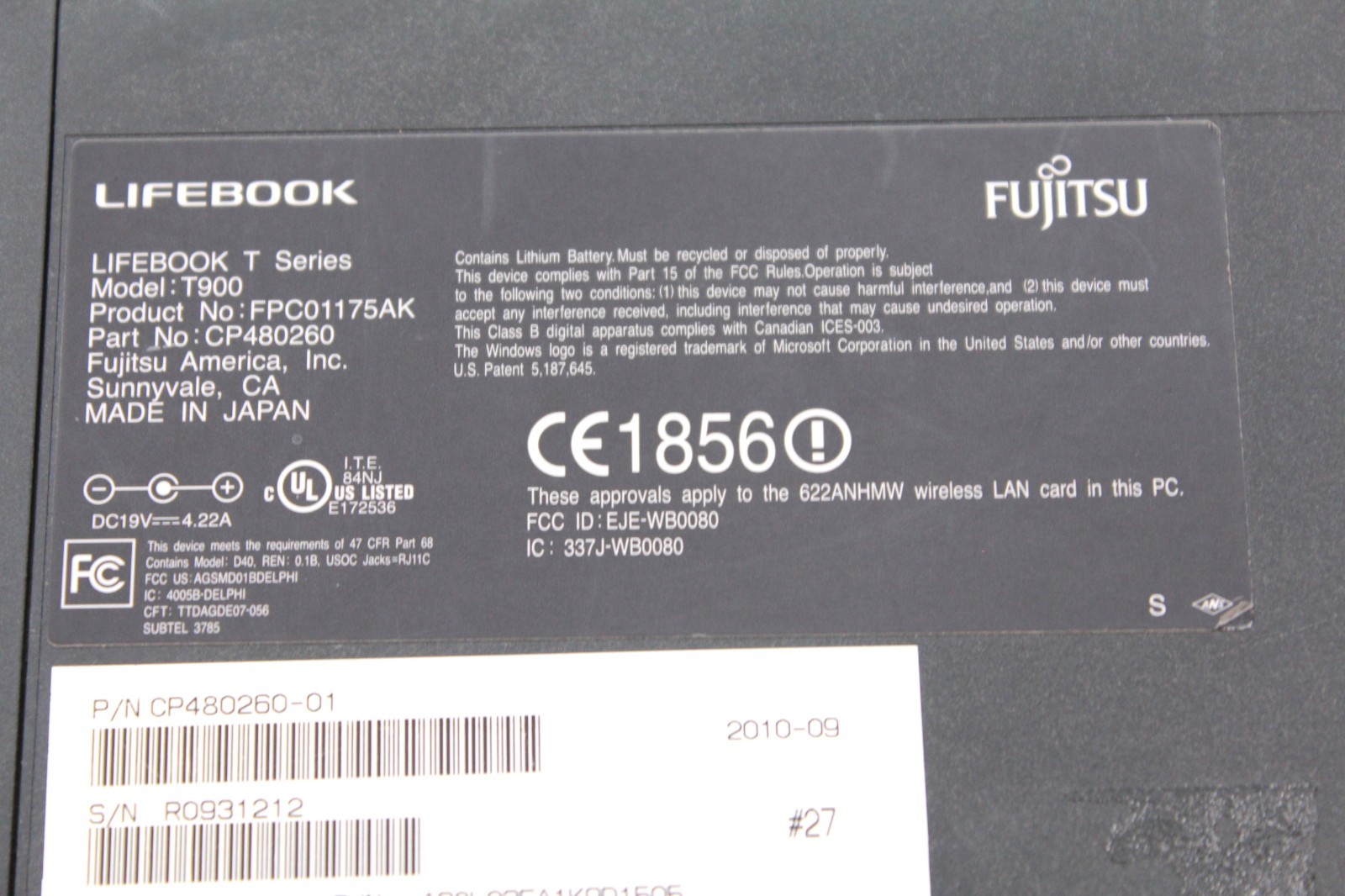 Fujitsu Lifebook T Series T900 (No OS, HDD, or Charger) (Sku 1R-386) Untested