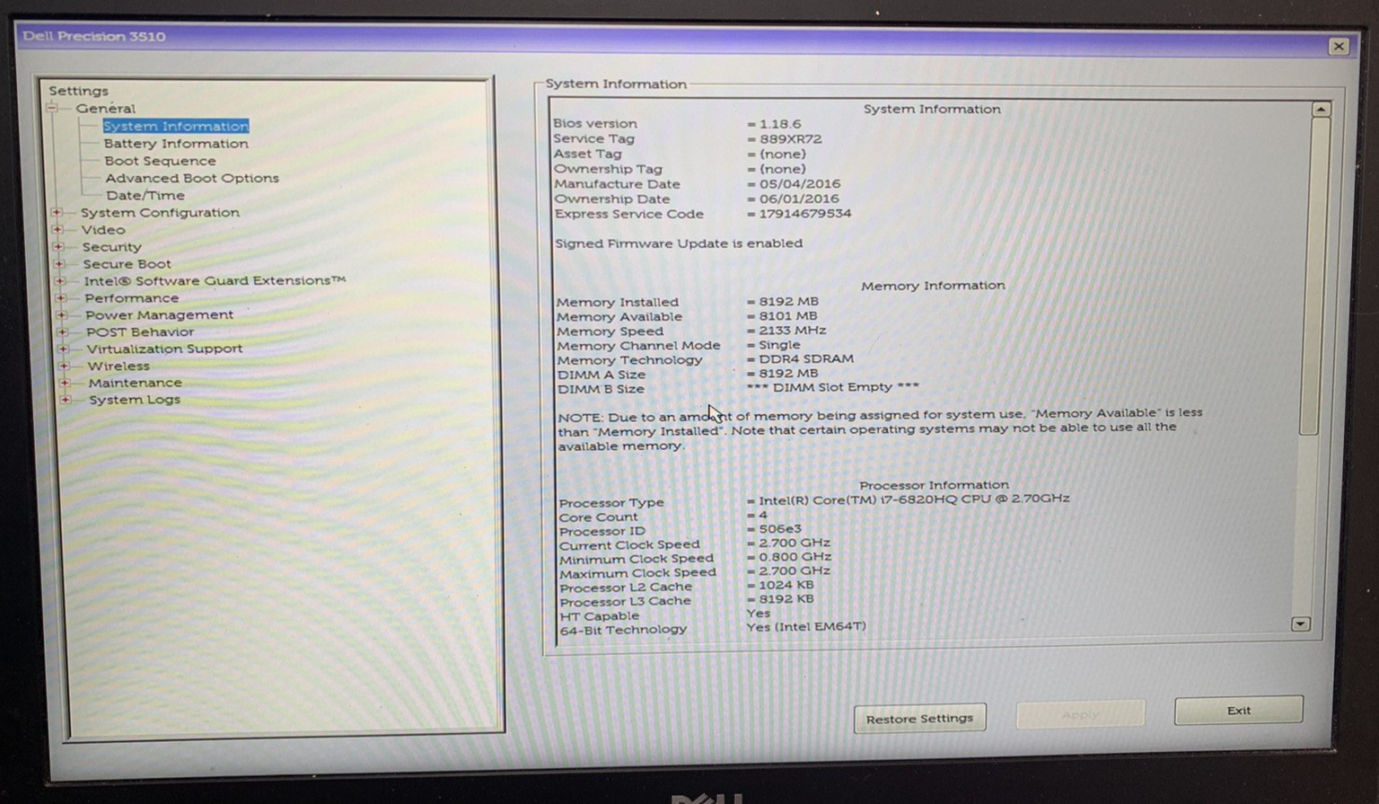 Dell Precision 3510 15.6” Intel Core i7-6820HQ 8GB DDR4 RAM 500GB SSD WIN 10P
