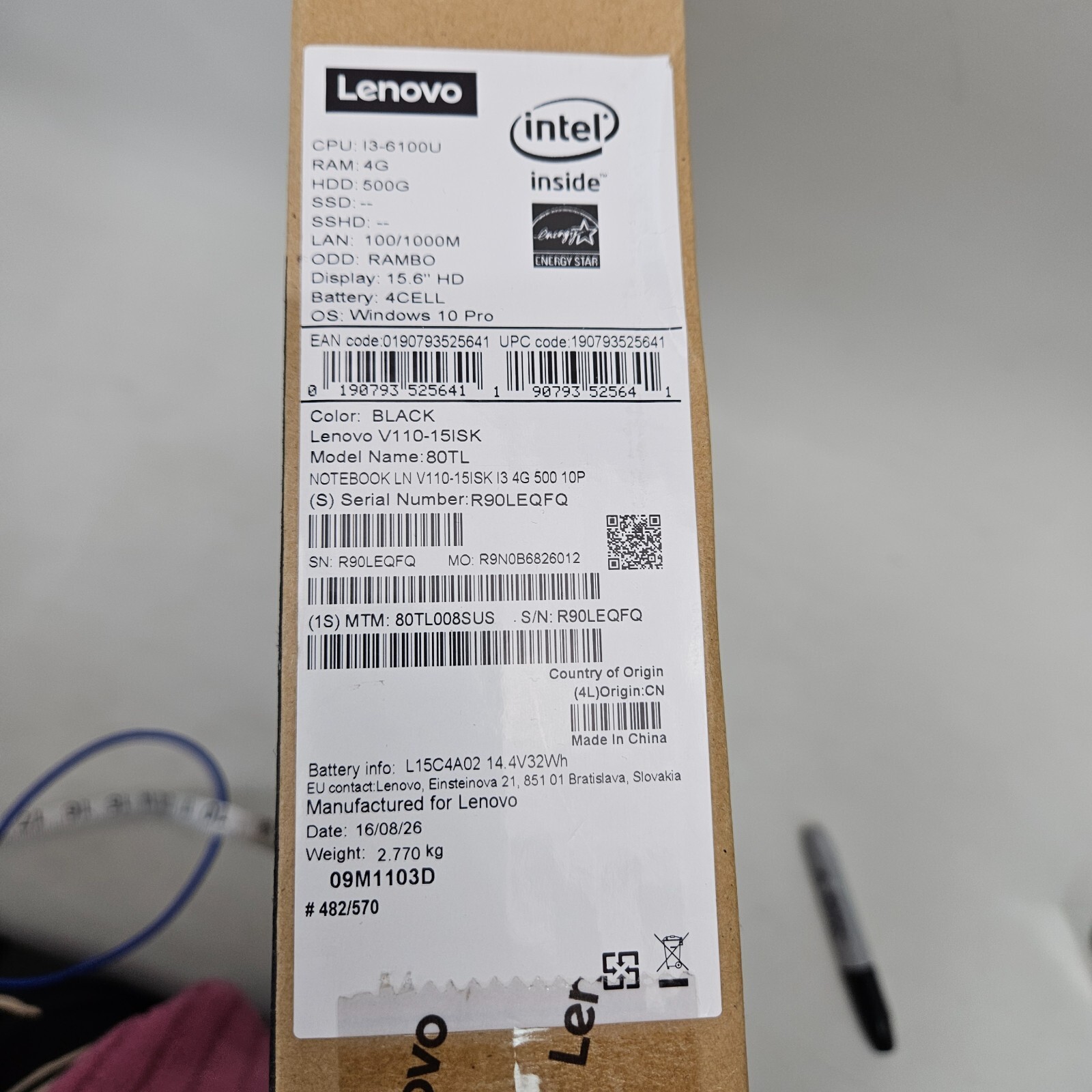 15.6″ Lenovo V110-15ISK Intel i3-6100U 2.3GHz 4GB 500GB HDD Win 10 Laptop 80TL