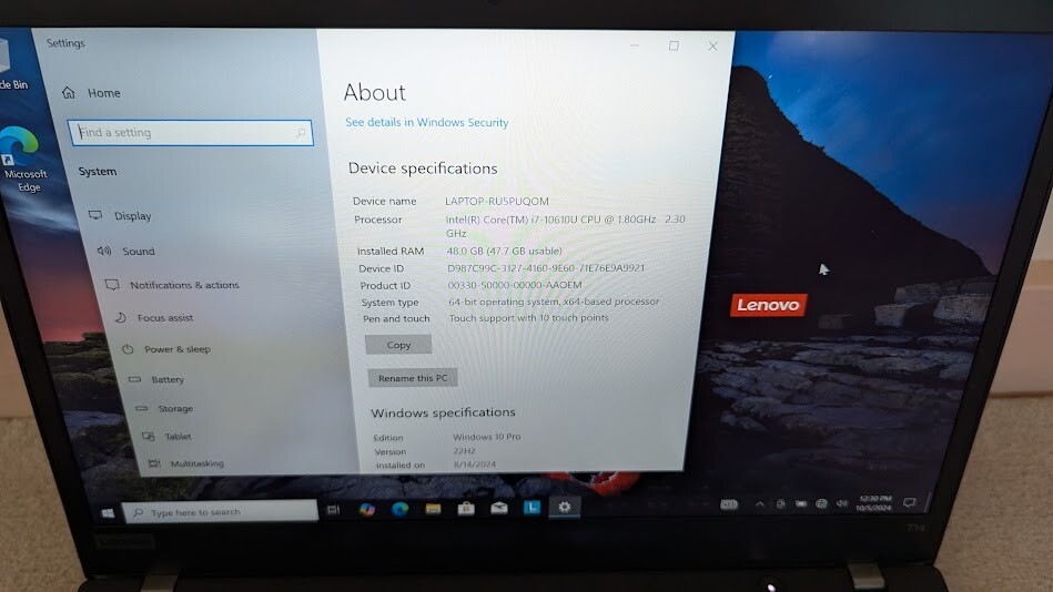 Lenovo T14 G1 i7-10610U 48GB RAM/500 GB SSD – Win 10 Pro TOUCHSCREEN