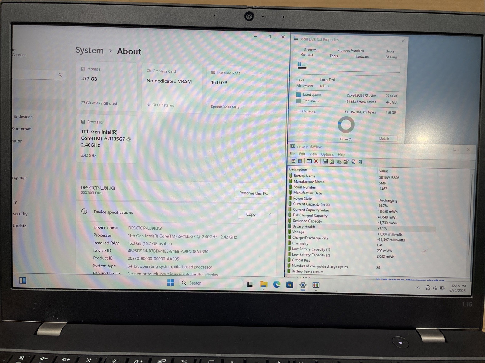 Lenovo ThinkPad L15, Intel Core i5-1135G7 @2.40GHz, 16GB RAM, 512GB SSD, WIN11