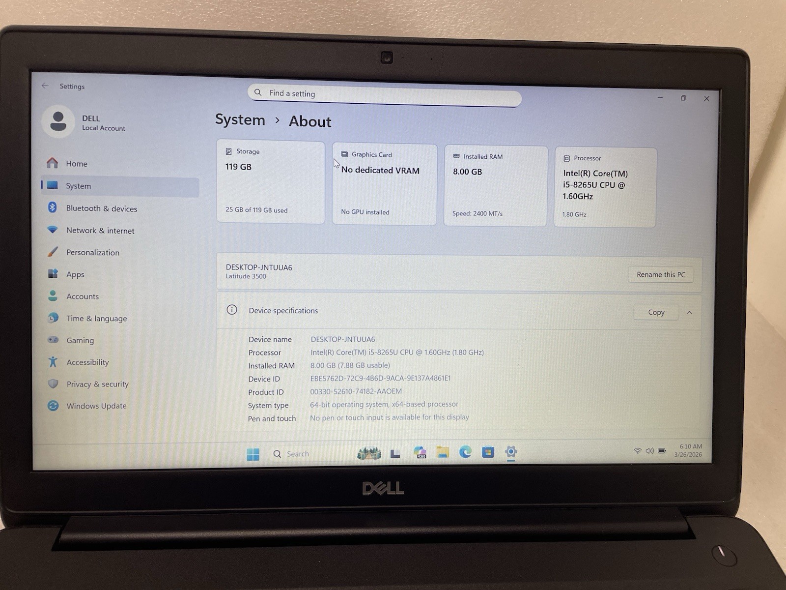 Dell Latitude 3500 128gb Nvme Win 11 i5-8265u 4 Core 1.80ghz 8gb RAM Webcam HDMI