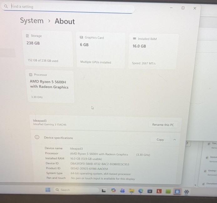 Lenovo ideapad 3-15ACH6 15.6″ Ryzen 5 5600H 3.3GHz 16GB RAM 256GB RTX 3050 Ti
