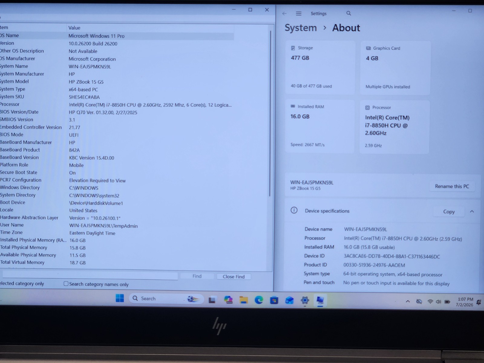Lot of 2 HP ZBook 15 G5 15.6″ i7-8850H 2.6Ghz 16GB RAM 512GB M.2 NVMe P2000 W11P