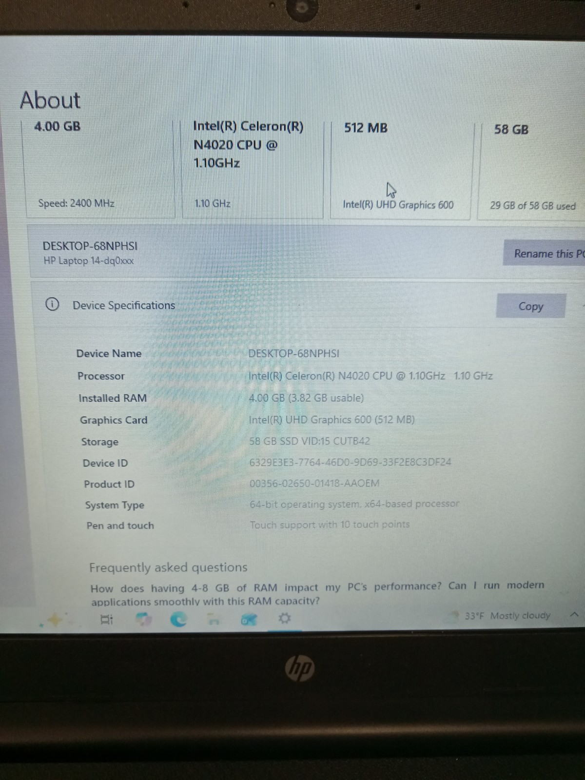 HP Laptop 14-DQ0XXX 14″ Windows 11 Celeron N4020 1.1GHz 4GB RAM 58 GB Storage