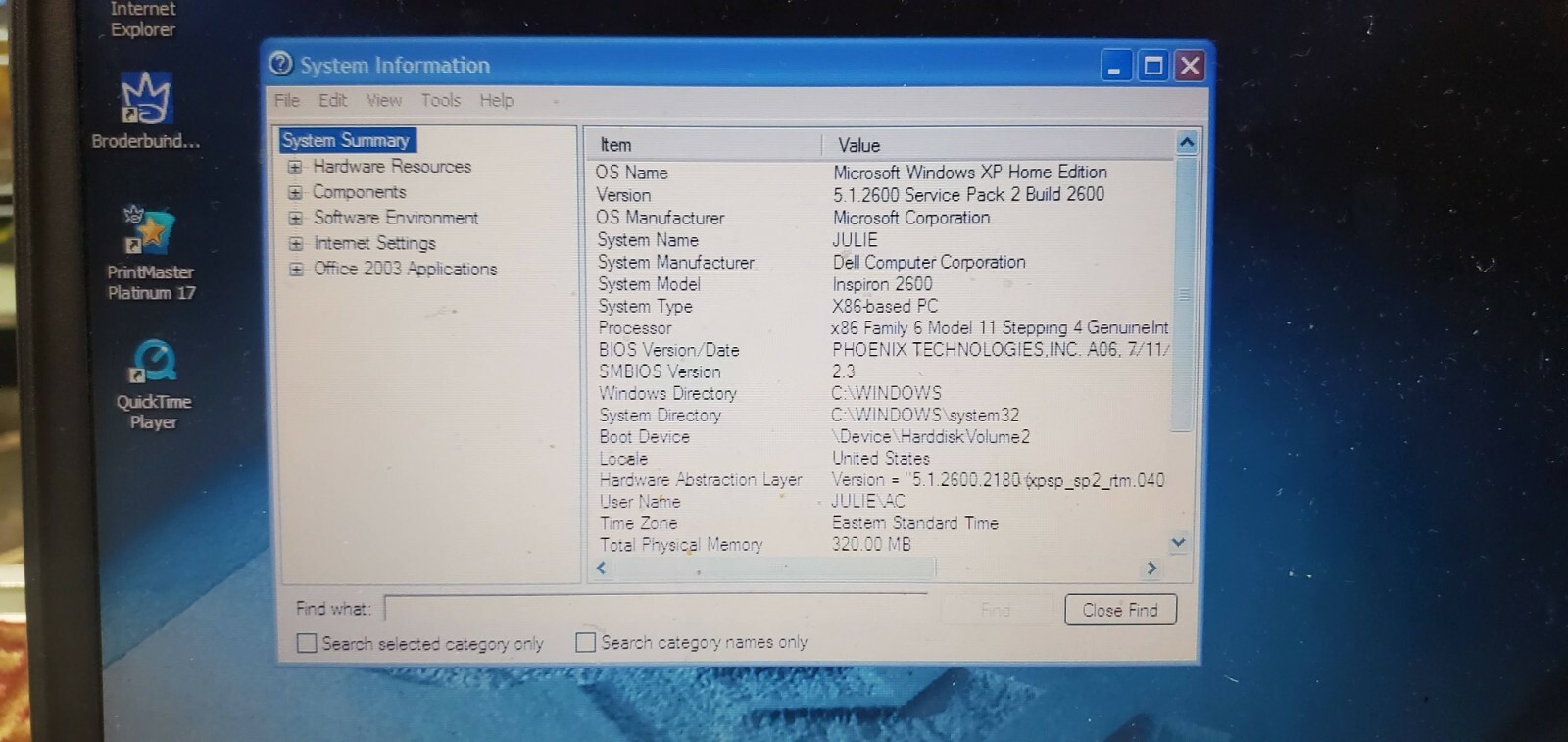 Dell Inspiron 2600/PP04L WIN XP- For Parts or Repair – No A/C cord (FC75-T-G464)