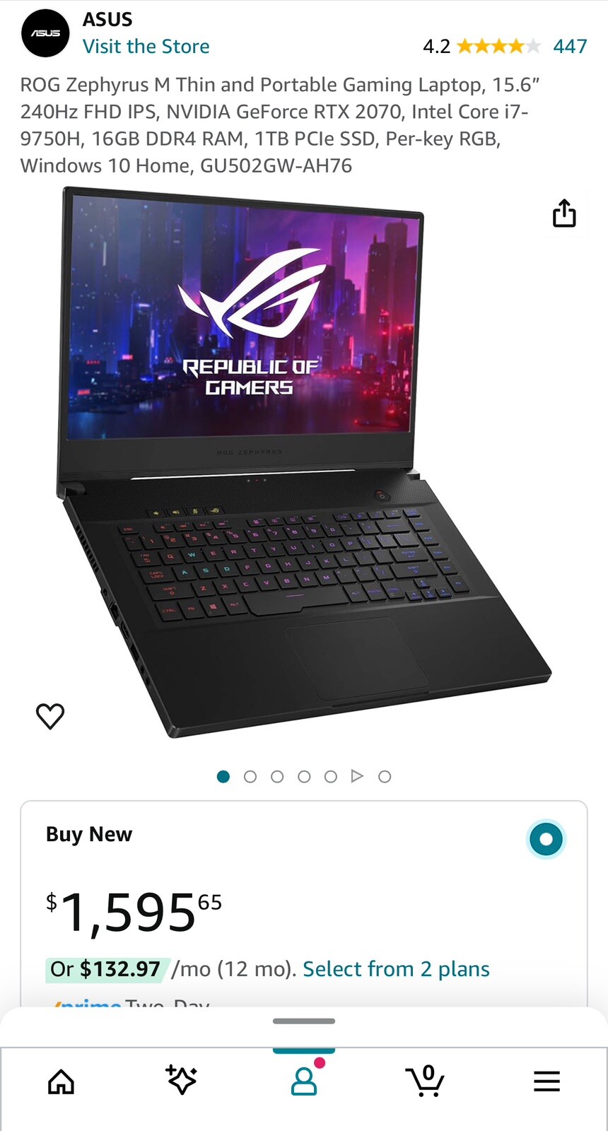 ASUS ROG Zephyrus M GU502GW 15.6” I7-9750H, RTX 2070, 16 GB DDR4 RAM, 1TB SSD