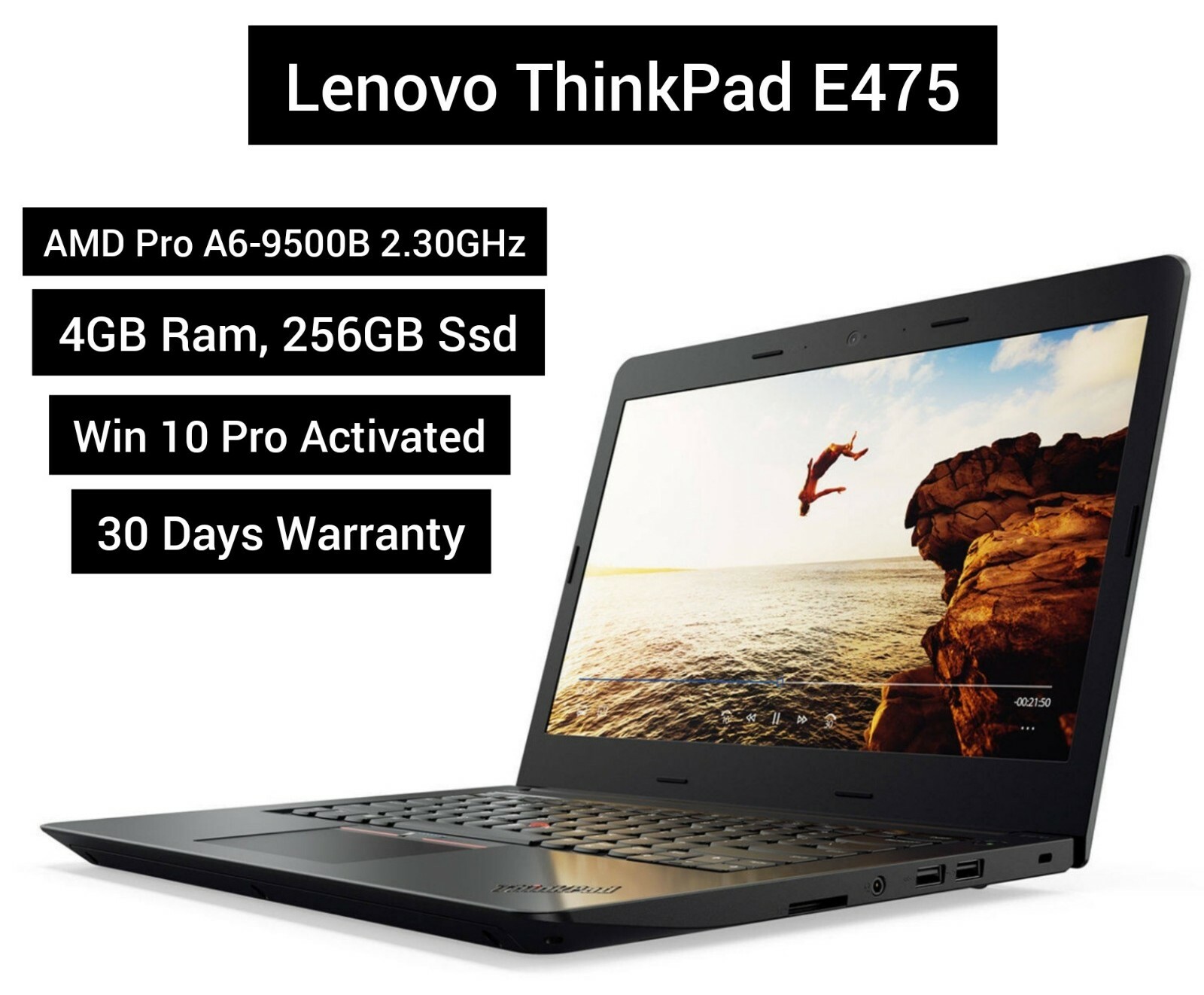 Excellent Lenovo ThinkPad E475 14″ A6-9500B 2.3GHz 4GB 256GB Ssd Win 10 Pro