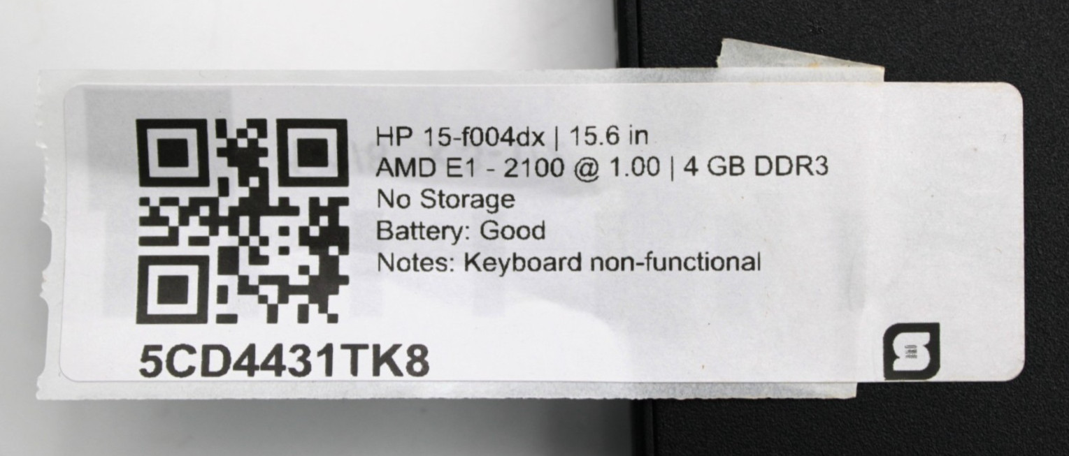 HP 15-f004dx AMD E1-2100@1.0GHz 4GB DDR3 STORAGE OR OS *USED/TESTED*