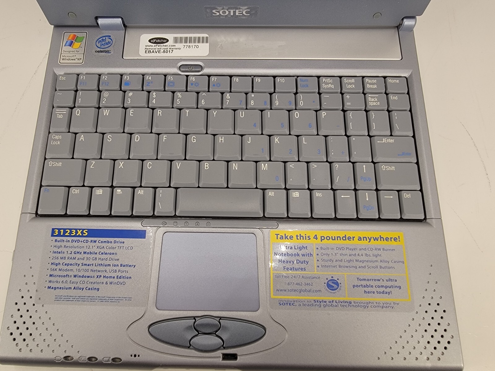 EXTREMELY RARE Windows XP Laptop, SOTEC Notebook 3000 3123XS UNTESTED