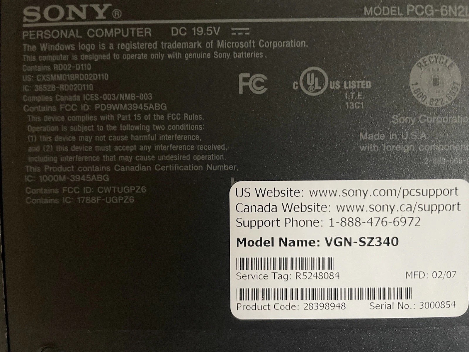 SONY VAIO VGN-SZ340P Laptop Intel CORE2 T7200 2.5GB RAM 120GB HDD Win 7 Ultimate