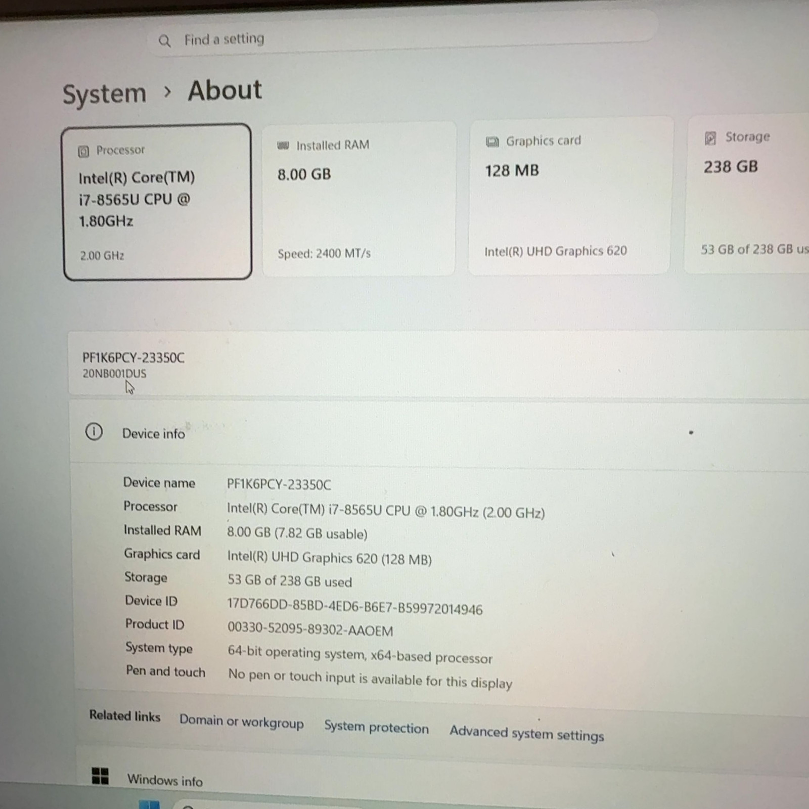 Lenovo ThinkPad E590 i7-8565U 8GB RAM 256GB SSD 15.6″ FHD Laptop Win 11
