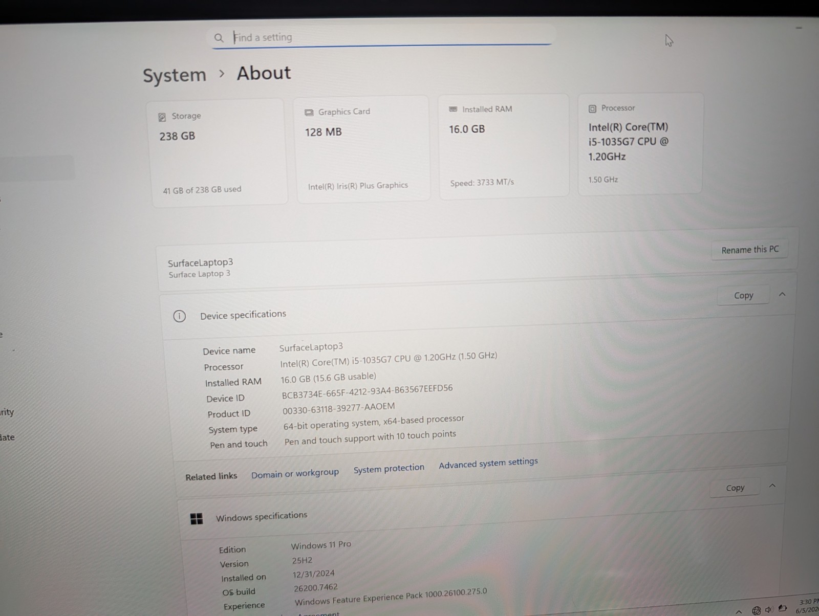 Microsoft Surface Laptop 3 i5-1035G7 16GB RAM 256GB SSD Win 11 Pro Touchscreen