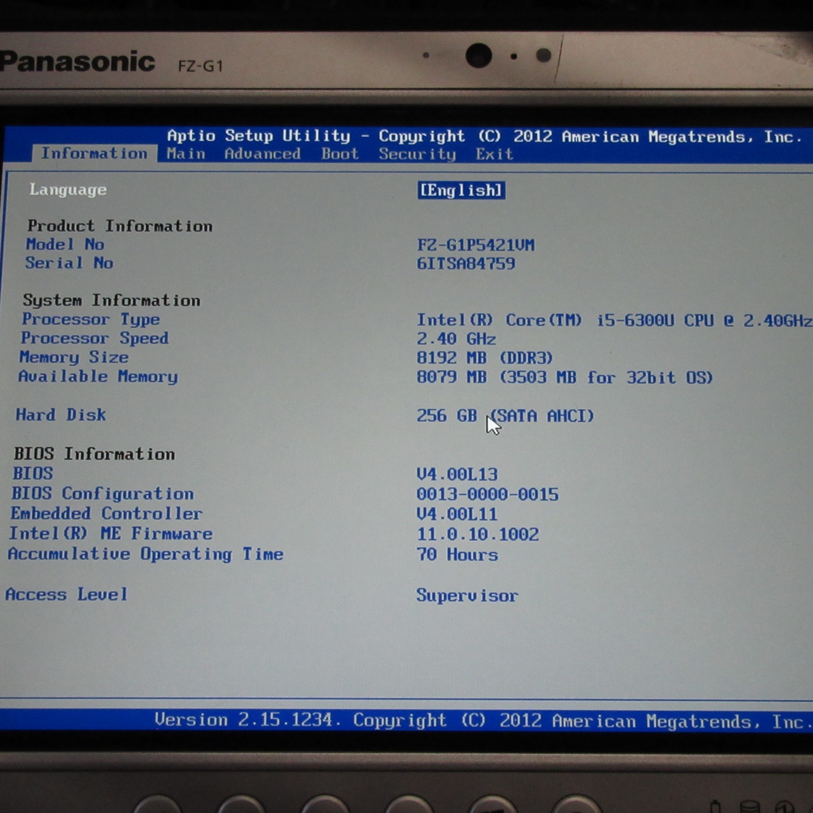 Panasonic Toughpad FZ-G1 | FZ-G1P5-03VM i5-6300u, 8GB 256GB SSD, GPS, T12-C8