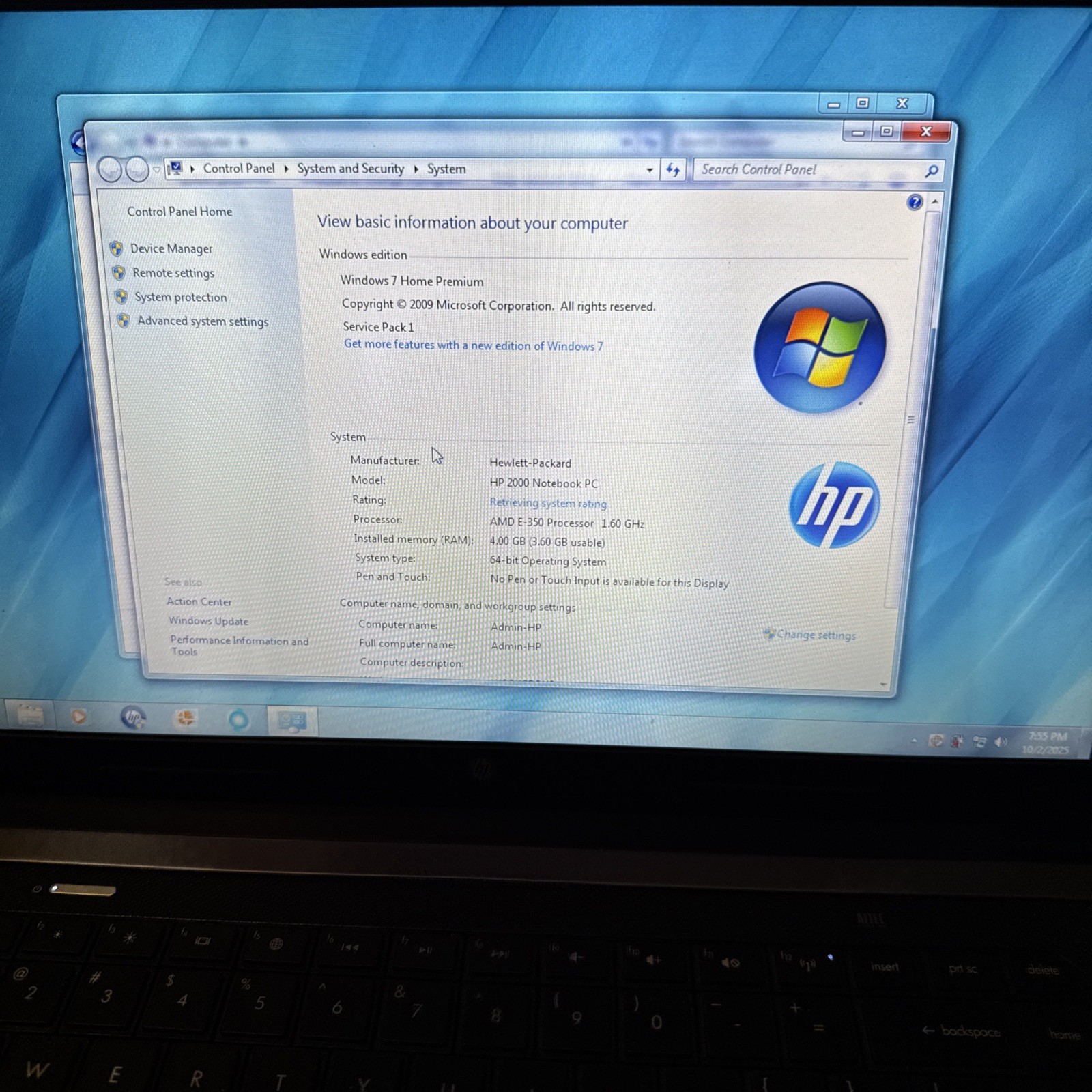 HP 2000-216NR AMD E-350 1600MHz 4gB Ram OEM Windows 7 No Battery 500 GB HDD