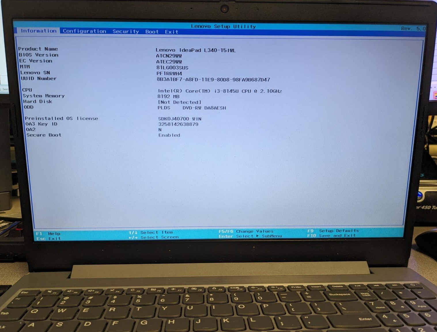 LENOVO IDEAPAD L340-15IWL i3-8145U @ 2.10GHz, 8GB RAM, NO HDD/OS