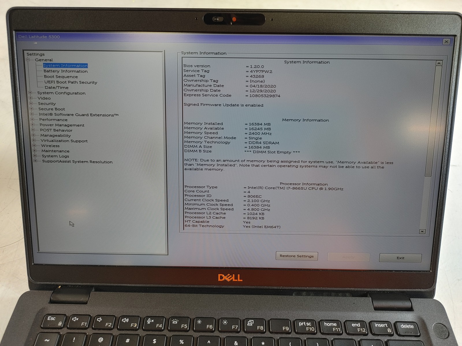 Dell Latitude 5300 Core i7-8665U 1.90 GHz 16 GB DDR4 No HDD