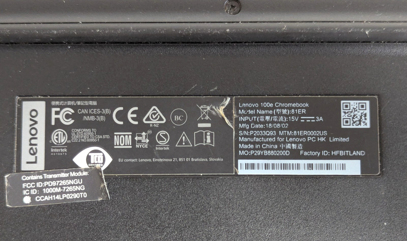 Lenovo 11.6″ Chromebook 100e 81ER Celeron N3350 1.10GHz 4GB RAM 32GB w/Charger