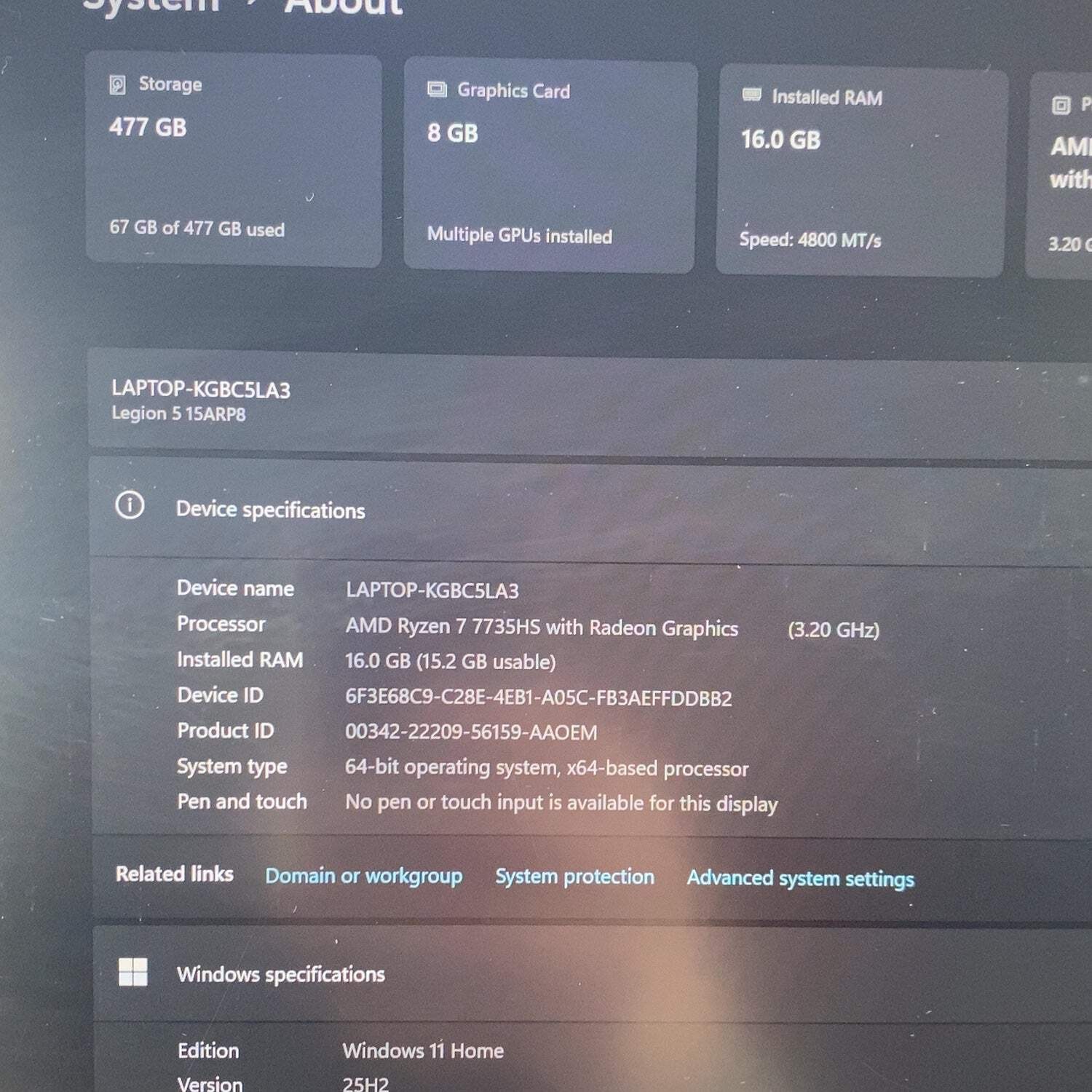 Lenovo Legion 5 Gen 8 15.6″ Ryzen 7 7735HS 3.2GHz 16GB RAM 512GB SSD RTX 4060