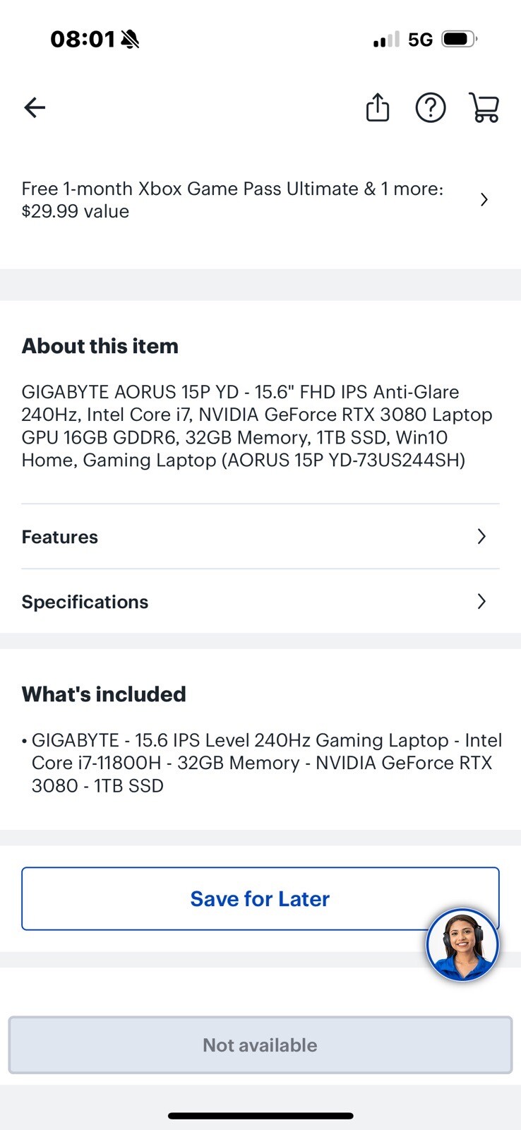 GIGABYTE AORUS 15.6 1TB SSD Intel Core i7 240Hz 32GB RAM NVIDIA GeForce RTX 3080