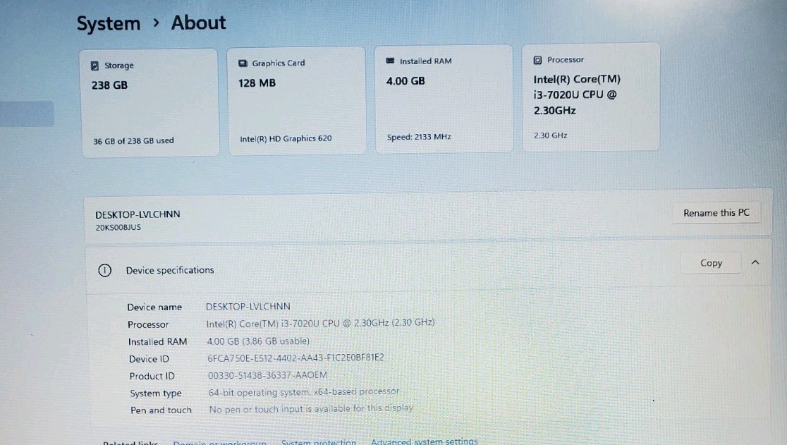 LENOVO Thinkpad E580 Intel Core i3-7020U 2.30GHz 4GB RAM 256 GB SSD Windows 11