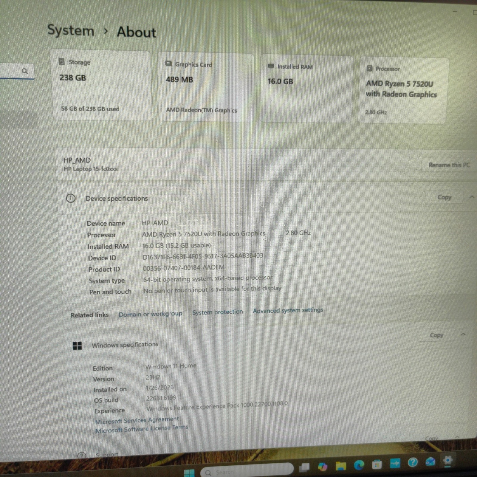 HP Laptop 15-FC0093DX Ryzen 5 7520U 16GB RAM 256GB M.2 W11H FOR PARTS Damaged