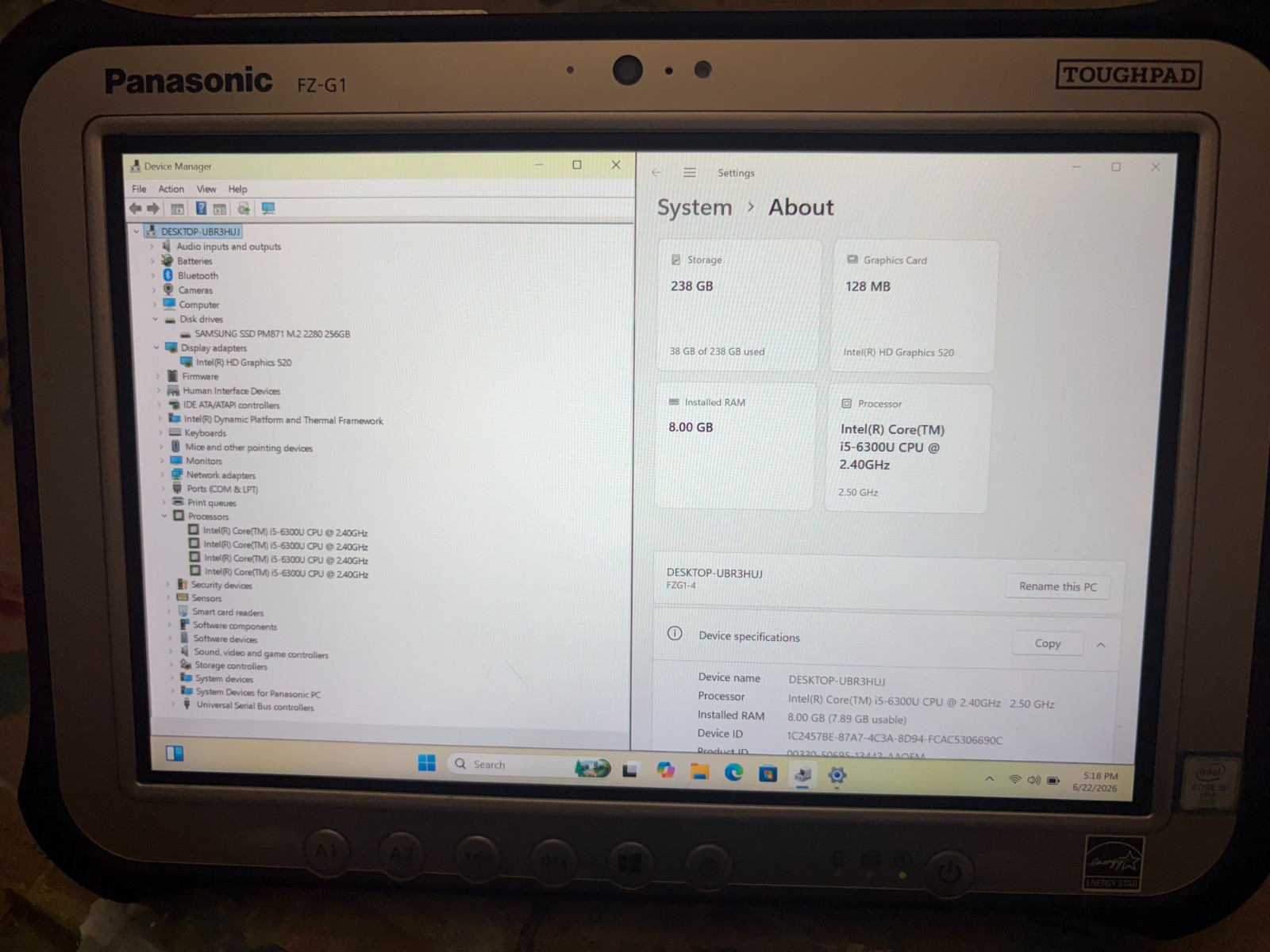 Panasonic Toughpad FZ-G1 Mk4 Core i5-6300U, 8GB, 256Gb, LTE, Barcode Scanner w11