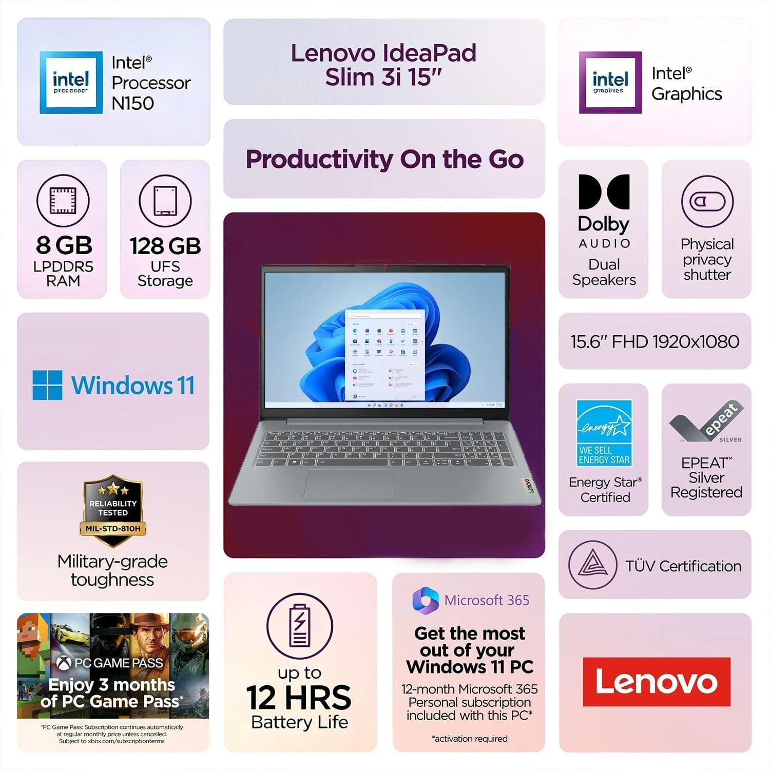 Lenovo IdeaPad Slim 3i 15.6″ FHD Laptop Intel Processor N150 8GB RAM 128GB UFS