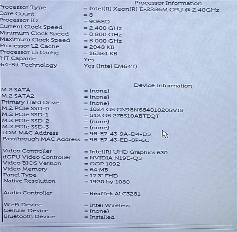 Dell Precision 7740 17″ – Xeon E-2286M – 128GB RAM – 1.5TB SSD – Grade D