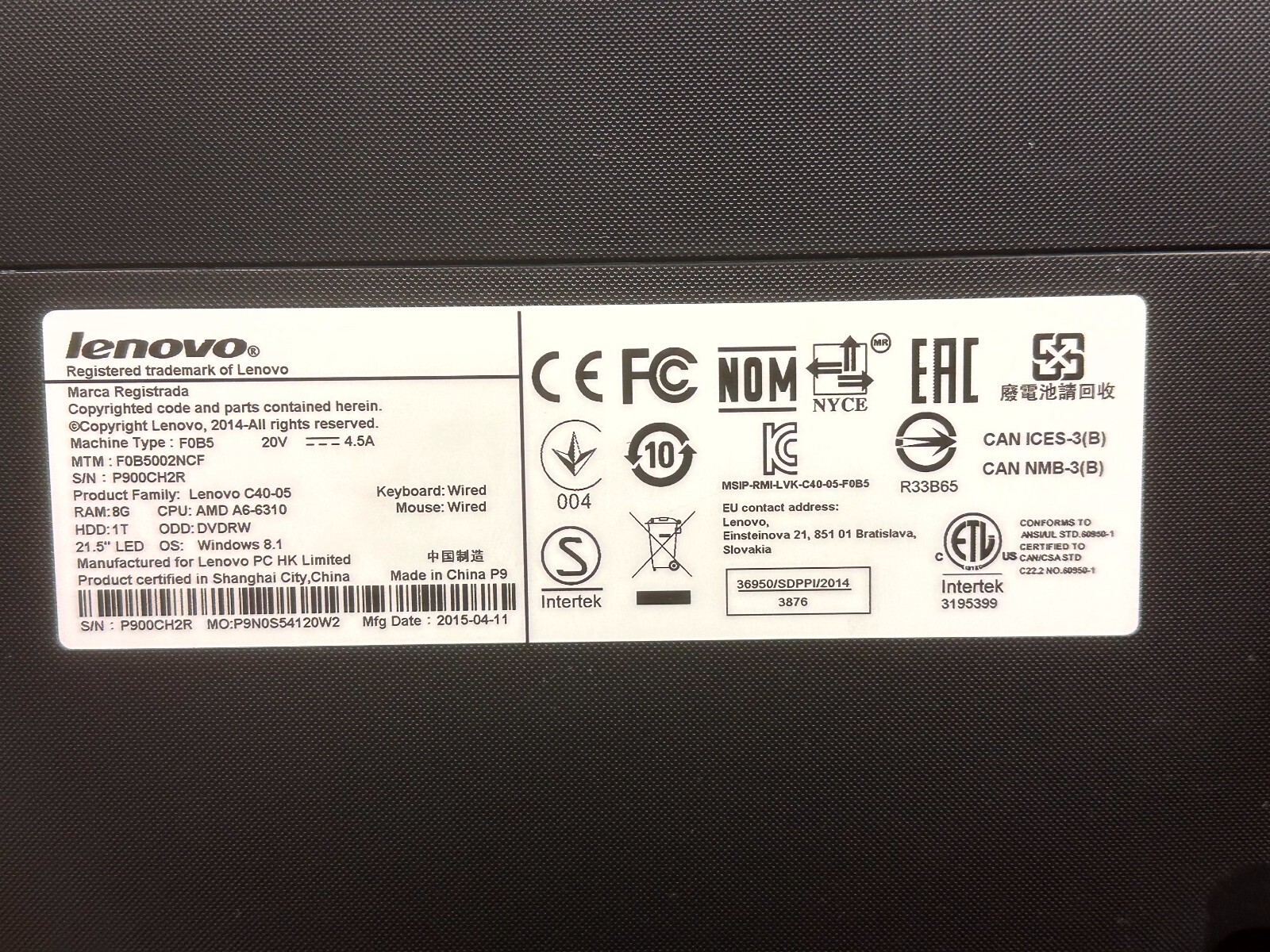 Lenovo C40-05 All-in-one Desktop Computer 21.5″ AMD A6 1.8Ghz 8GB 500GB Win 10