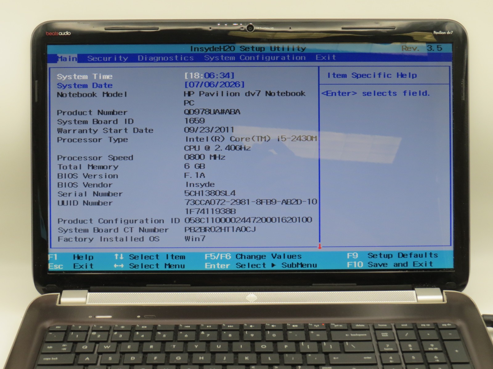 HP Pavilion dv7 i5-2430M @ 2.4GHz 6GB DDR3 128GB SSD 17.3″ No OS/AC/Battery