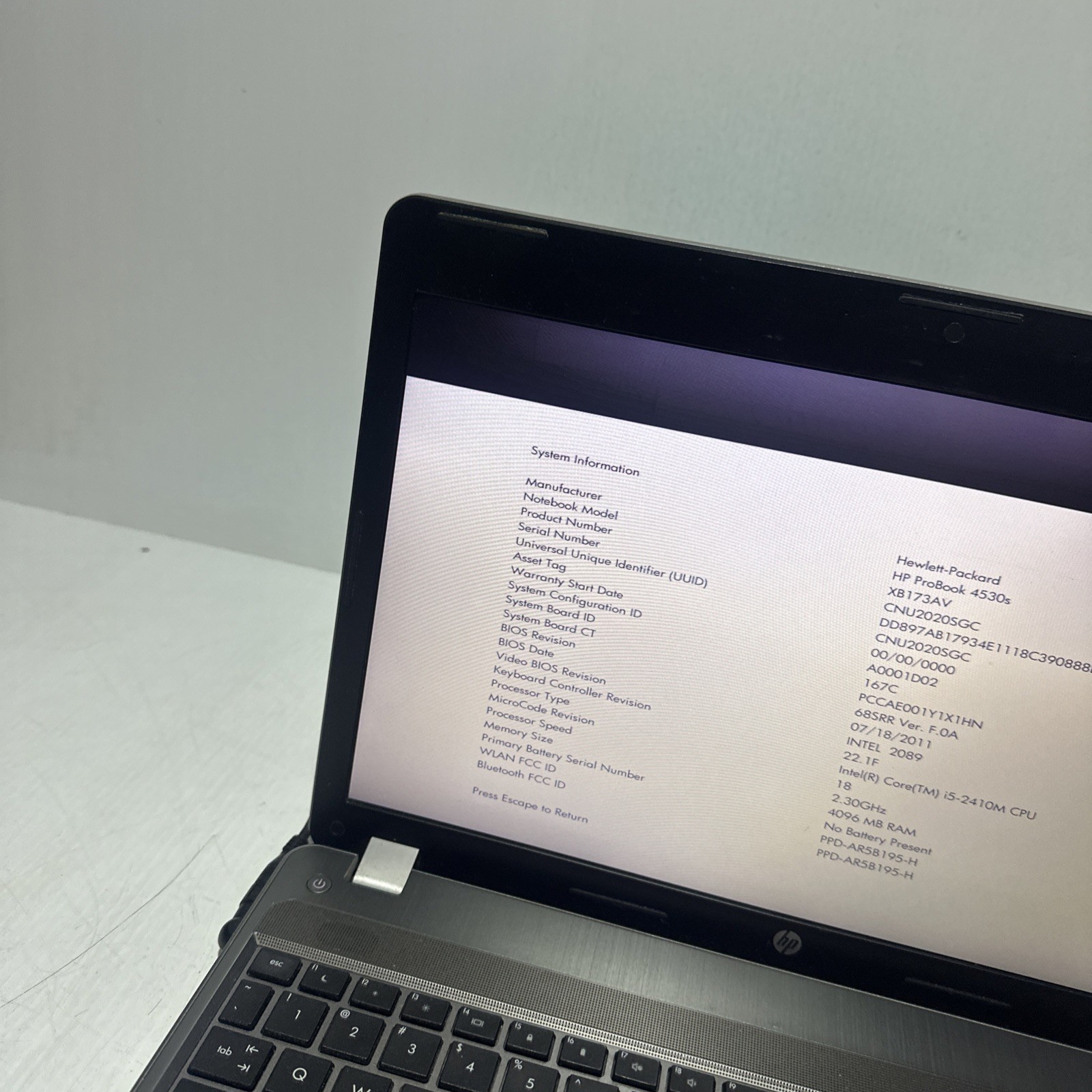 Hp Probook 4530s 15″ Laptop i5-2410m 4gb Ram No Drives Boots Bios NO P/S