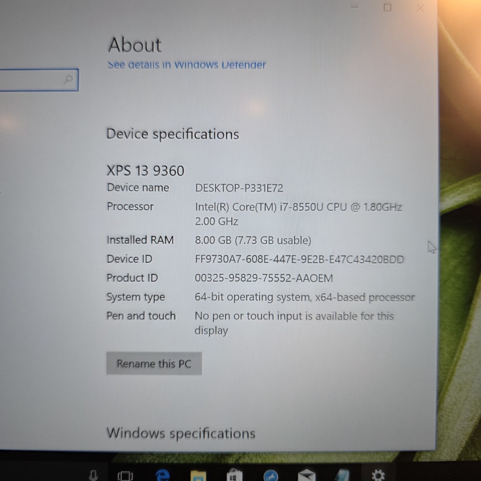 Dell XPS 13 9360 2018 Silver FHD i7-8550U 1.80GHz 8GB RAM 256GB SSD