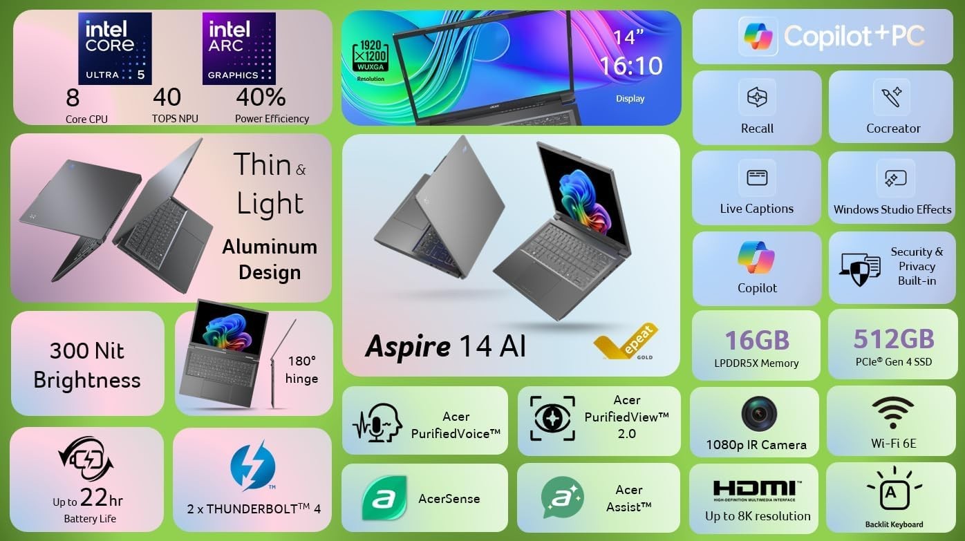 Acer Aspire 14 AI Copilot+ PC 14″ WUXGA Intel Core Ultra 5 226V 16GB 512GB SSD