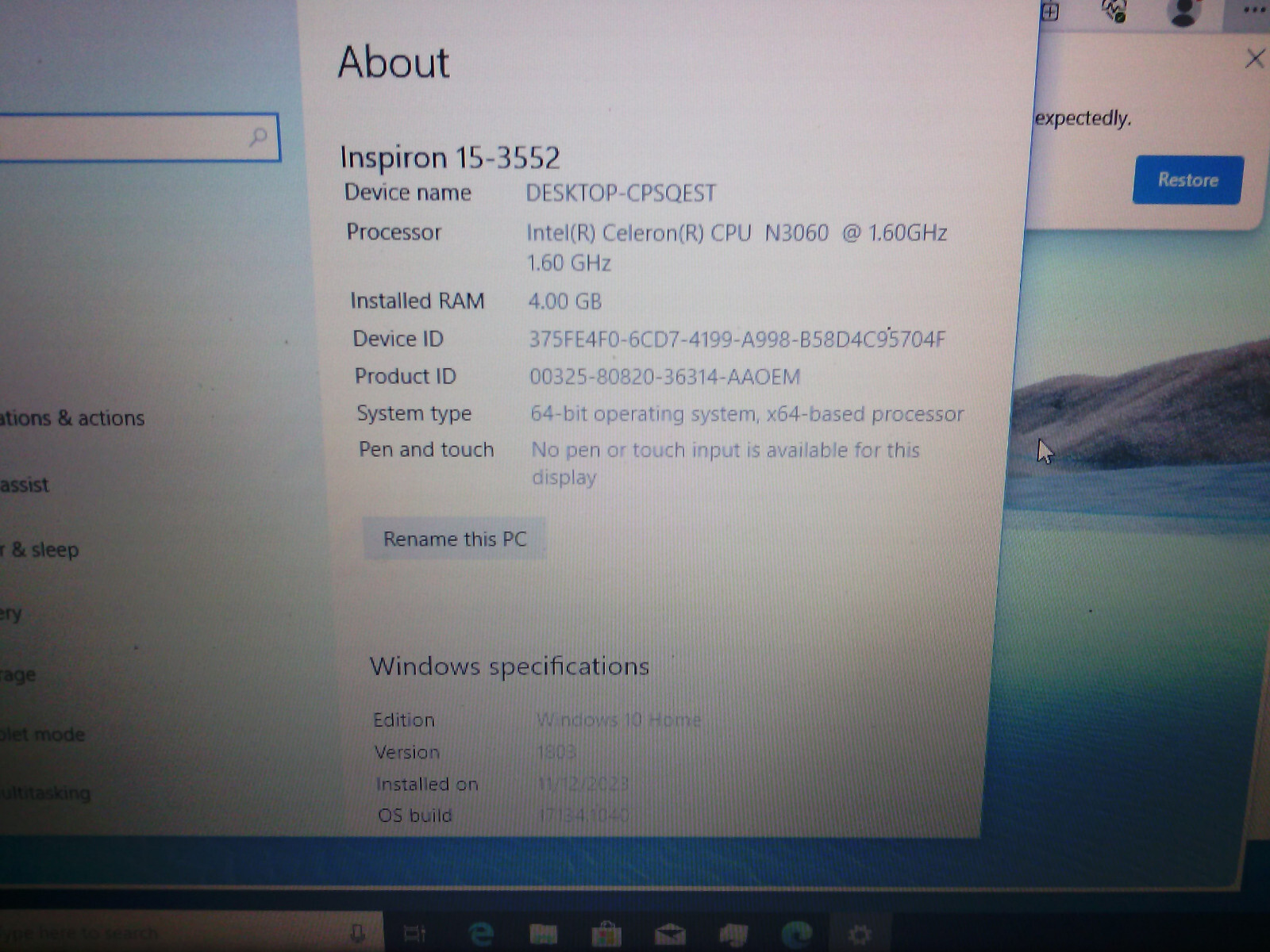 Dell Inspiron 15-3552 15.6” Intel Celeron N3060 Windows 10 500 GB 1.60 GHz Pack