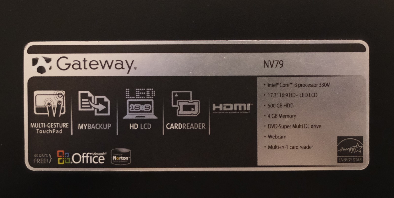 Gateway NV7915u 17.3″ Intel Core i3 2.10GHz 4GB 500GB HDD works great condition