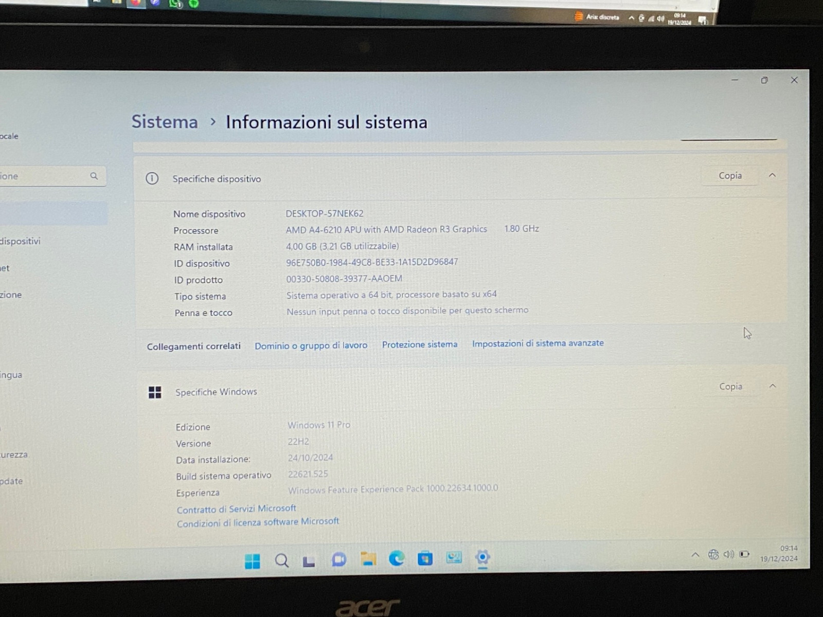 Acer Aspire E5-521-45T9/ AMD CPU A4-6210 1.80GHZ/RAM 4GB/SSD 120GB/W11 Pro